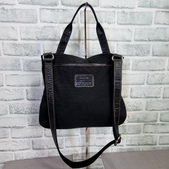 Fossil Lizette Black‎ Leather Canvas Messenger Bag Cross Body Purse - Picture 3 of 9